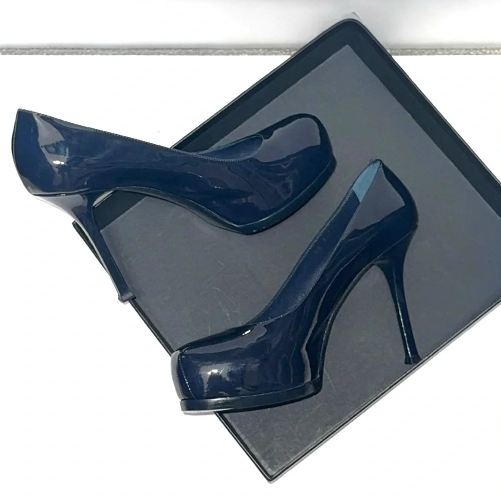 SAINT LAURENT Tribtoo 80 Patent Navy Blue Leather Heel Round Toe Pumps Size 40 - Picture 9 of 16